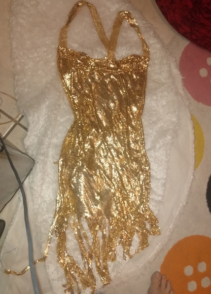 Metallic Gold Chain Link Sexy Low Cut Dress - Picture 2 of 10